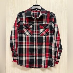 Tony Hawk Red and Black Plaid Button Down Boys Med Long Sleeve Dress Shirt 0099